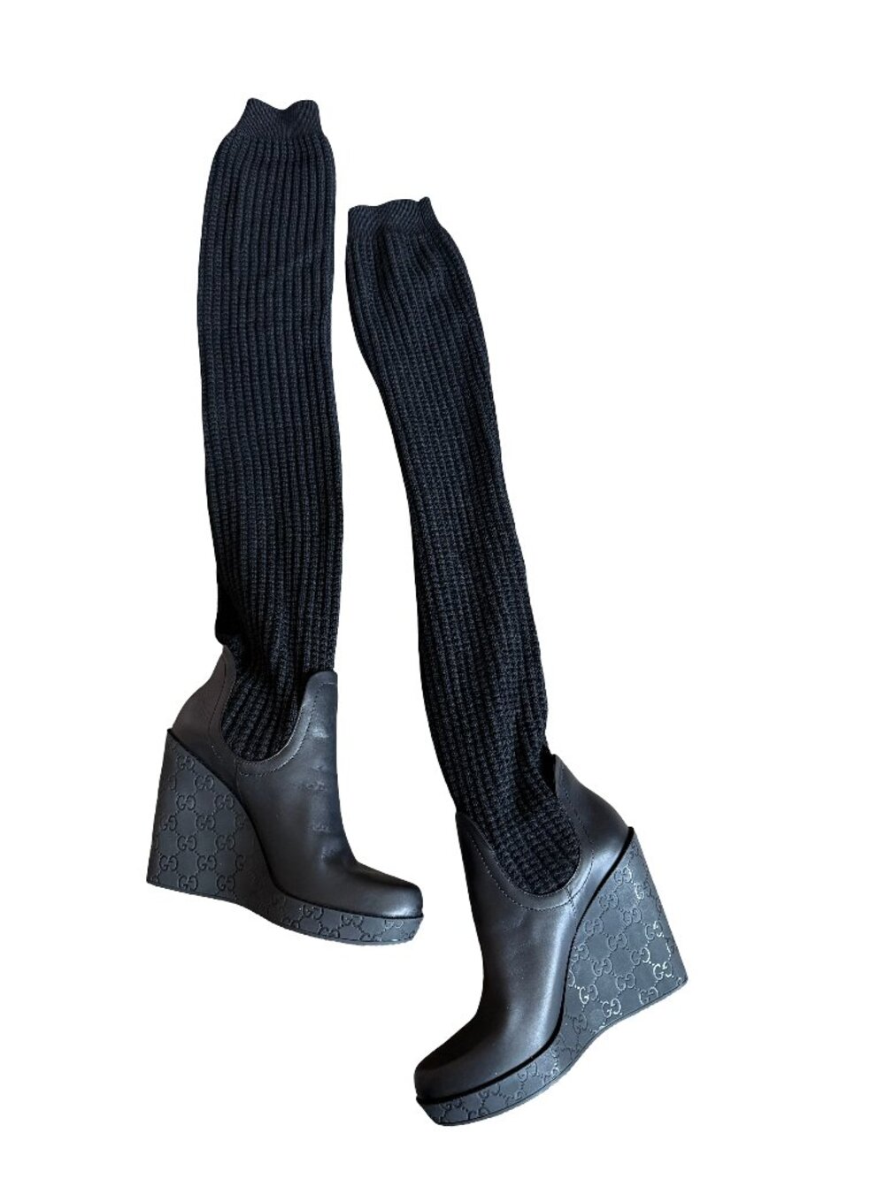 Gucci Aspen Wool Babylon Black Wool Knit Over the Knee Wedge Size 9.5 Women's